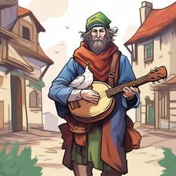 A whimsical, high-quality illustration that vividly portrays a pale, crazy, and funny homeless vagrant as a fantasy Dungeons and Dragons bard in a medieval village