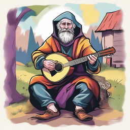 A whimsical, high-quality illustration that vividly portrays a pale, crazy, and funny homeless vagrant as a fantasy Dungeons and Dragons bard in a medieval village