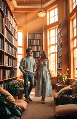 An orange morning scene in a cozy library, where a young man and a young woman meet