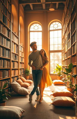 An orange morning scene in a cozy library, where a young man and a young woman meet