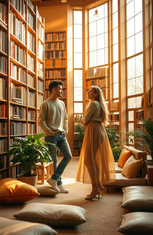 An orange morning scene in a cozy library, where a young man and a young woman meet