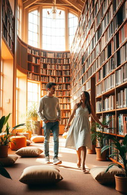 An orange morning scene in a cozy library, where a young man and a young woman meet