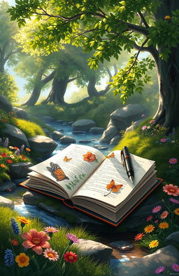 A stunning digital painting of a beautifully illustrated book open to a vibrant page, with a sleek elegant pen resting beside it, surrounded by a serene natural landscape
