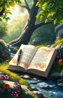 A stunning digital painting of a beautifully illustrated book open to a vibrant page, with a sleek elegant pen resting beside it, surrounded by a serene natural landscape