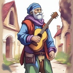 A whimsical, high-quality illustration that vividly portrays a pale, crazy, and funny homeless vagrant as a fantasy Dungeons and Dragons bard in a medieval village