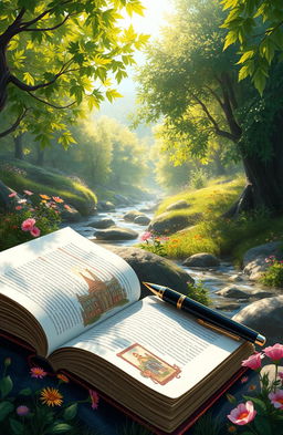 A stunning digital painting of a beautifully illustrated book open to a vibrant page, with a sleek elegant pen resting beside it, surrounded by a serene natural landscape