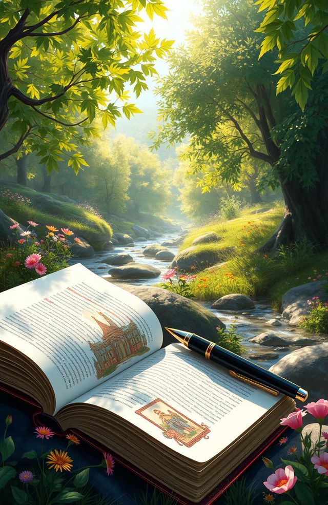 A stunning digital painting of a beautifully illustrated book open to a vibrant page, with a sleek elegant pen resting beside it, surrounded by a serene natural landscape