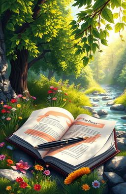 A stunning digital painting of a beautifully illustrated book open to a vibrant page, with a sleek elegant pen resting beside it, surrounded by a serene natural landscape