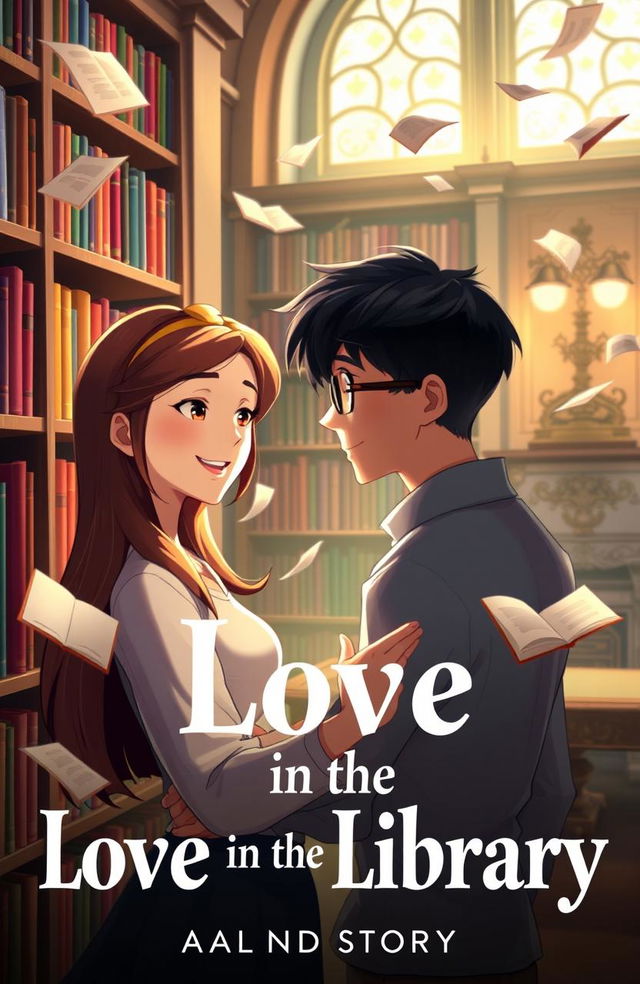 An animated cover for the story 'Love in the Library', featuring a cozy, inviting library scene