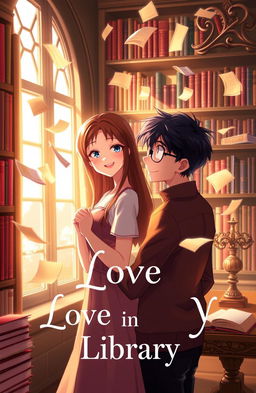 An animated cover for the story 'Love in the Library', featuring a cozy, inviting library scene