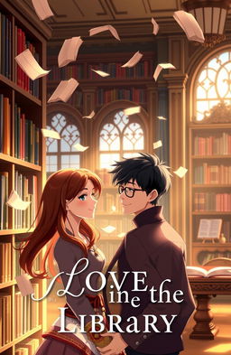 An animated cover for the story 'Love in the Library', featuring a cozy, inviting library scene