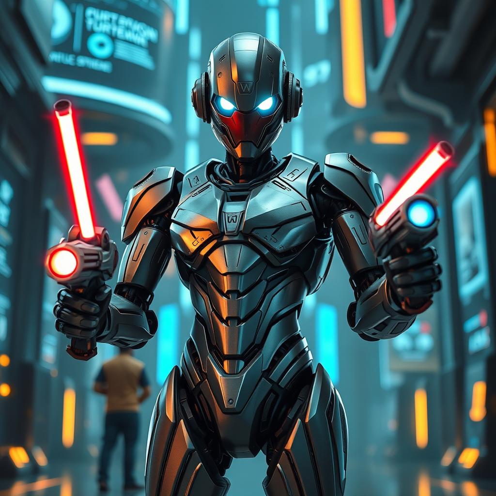 A futuristic robot cyborg standing confidently with laser blasters in its hands, staring intently at the camera