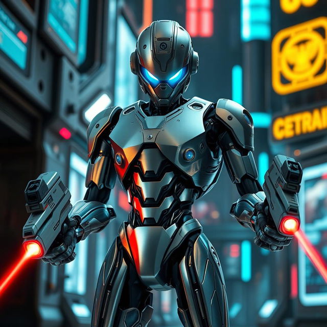 A futuristic robot cyborg standing confidently with laser blasters in its hands, staring intently at the camera