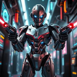 A futuristic robot cyborg standing confidently with laser blasters in its hands, staring intently at the camera