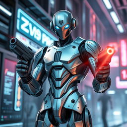 A futuristic robot cyborg standing confidently with laser blasters in its hands, staring intently at the camera
