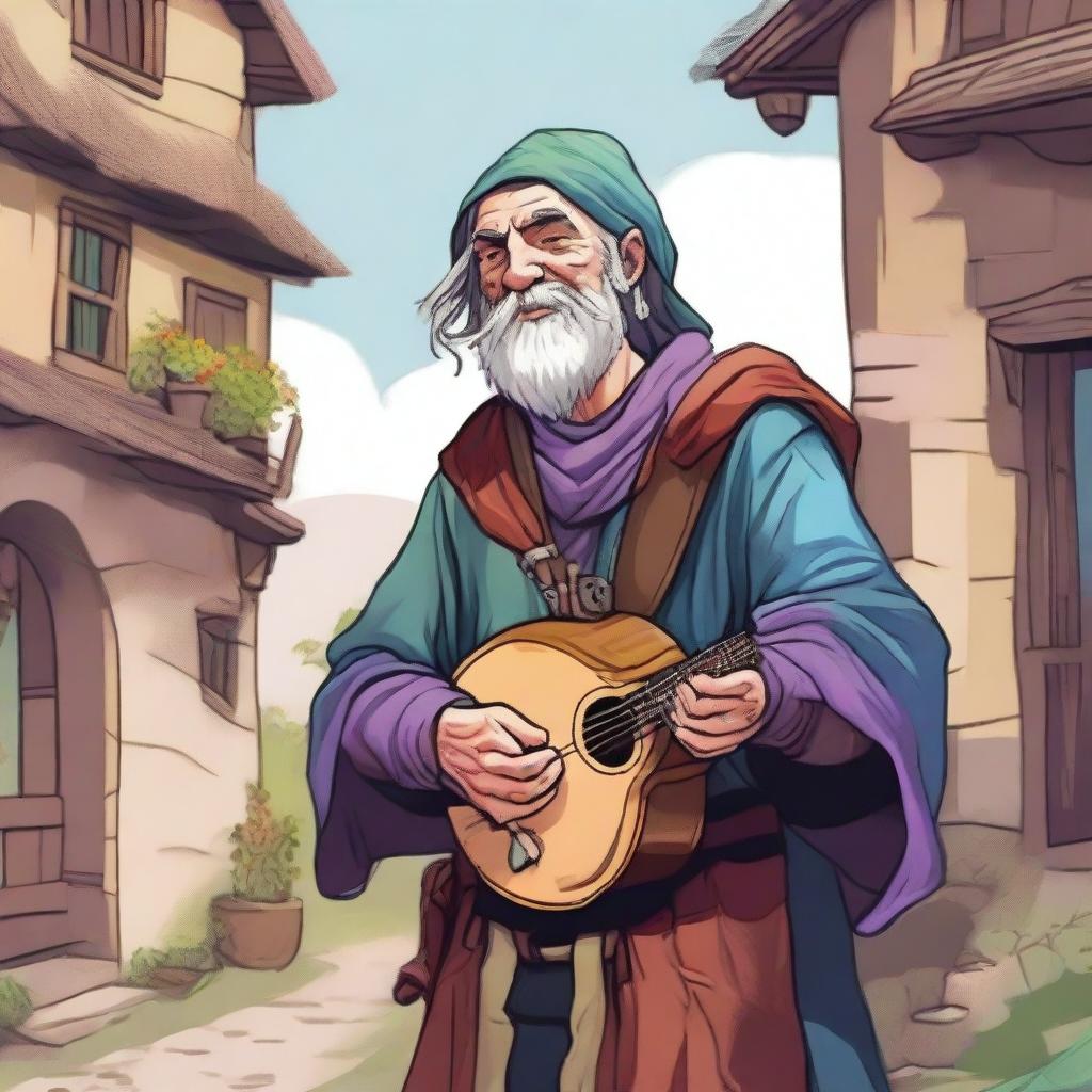 A whimsical, high-quality illustration that vividly portrays a pale, crazy, and funny homeless vagrant as a fantasy Dungeons and Dragons bard in a medieval village