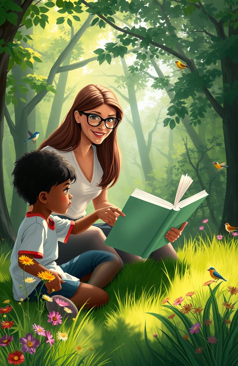 A serene digital painting depicting a teacher engaging with a diverse group of students outdoors