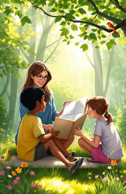 A serene digital painting depicting a teacher engaging with a diverse group of students outdoors