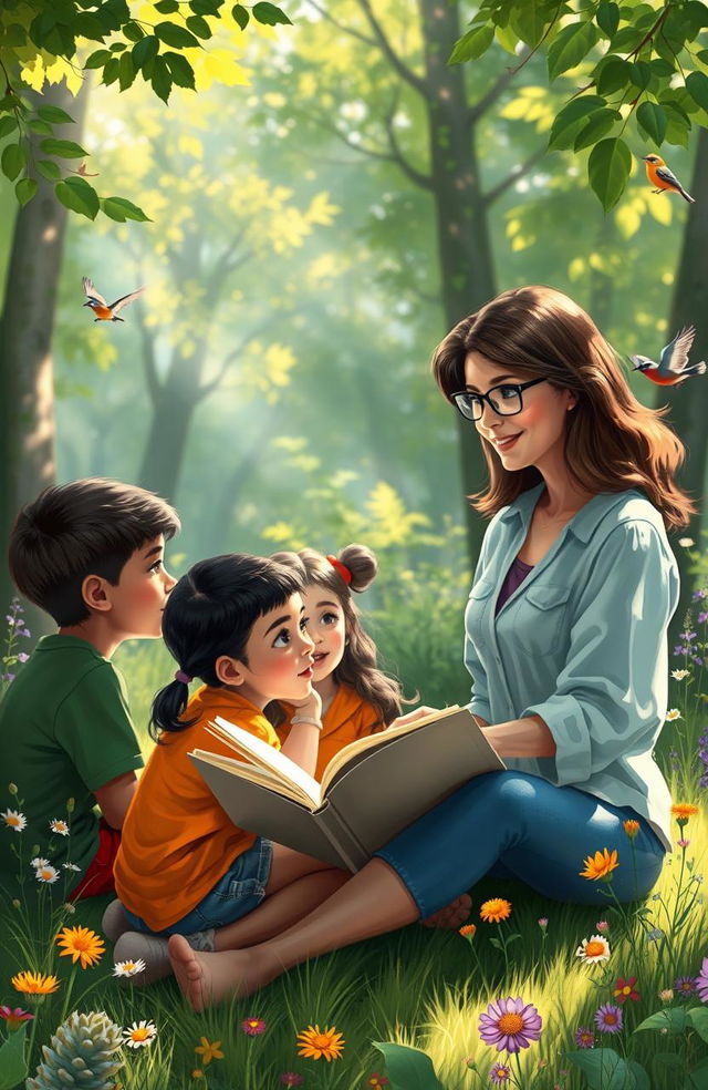 A serene digital painting depicting a teacher engaging with a diverse group of students outdoors