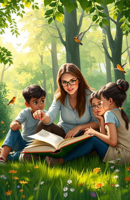 A serene digital painting depicting a teacher engaging with a diverse group of students outdoors