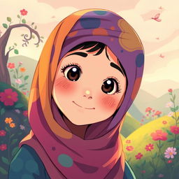 A beautifully illustrated portrait of a girl wearing a colorful hijab, styled in the whimsical and enchanting Ghibli art style