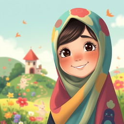 A beautifully illustrated portrait of a girl wearing a colorful hijab, styled in the whimsical and enchanting Ghibli art style