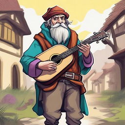 A whimsical, high-quality illustration that vividly portrays a pale, crazy, and funny homeless vagrant as a fantasy Dungeons and Dragons bard in a medieval village