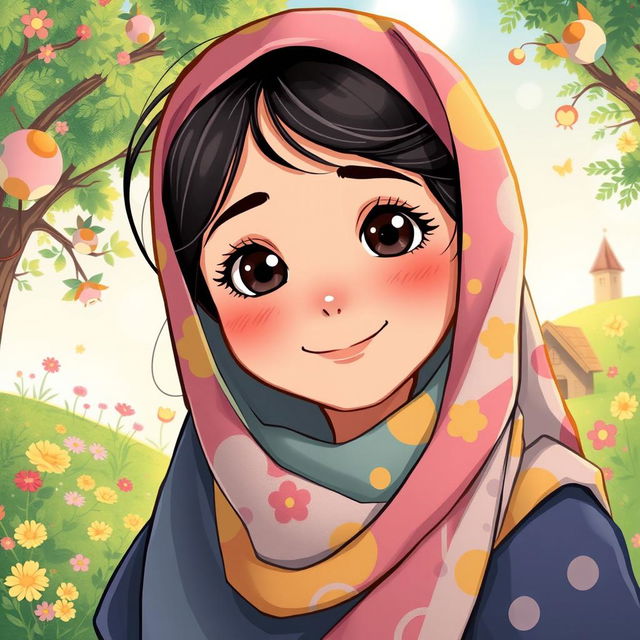 A beautifully illustrated portrait of a girl wearing a colorful hijab, styled in the whimsical and enchanting Ghibli art style