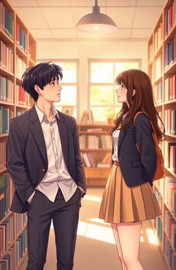 A vibrant scene depicting a chance meeting between two young adults in a library