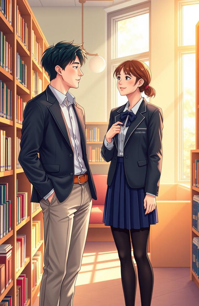 A vibrant scene depicting a chance meeting between two young adults in a library