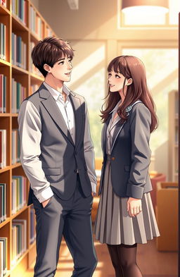 A vibrant scene depicting a chance meeting between two young adults in a library