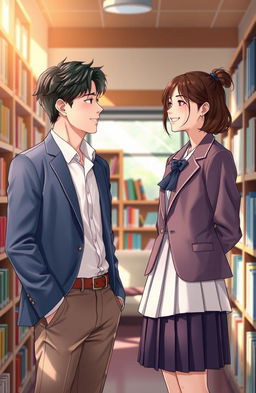 A vibrant scene depicting a chance meeting between two young adults in a library