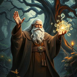 A powerful wizard casting a spell in a mystical forest
