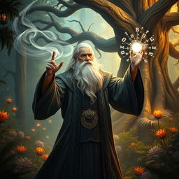 A powerful wizard casting a spell in a mystical forest