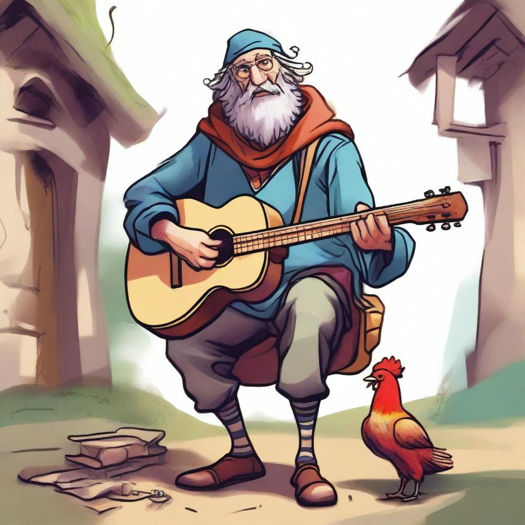 A whimsical, high-quality illustration that vividly portrays a pale, crazy, and funny homeless vagrant as a fantasy Dungeons and Dragons bard in a medieval village