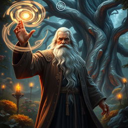 A powerful wizard casting a spell in a mystical forest