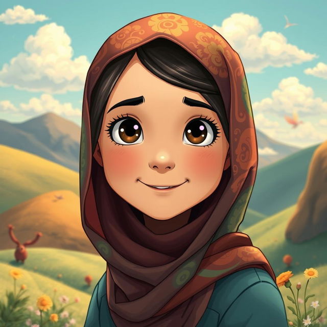 A charming portrait of a girl wearing a detailed and colorful hijab, illustrated in the enchanting Ghibli art style