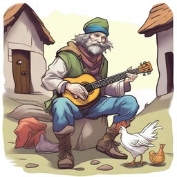 A whimsical, high-quality illustration that vividly portrays a pale, crazy, and funny homeless vagrant as a fantasy Dungeons and Dragons bard in a medieval village