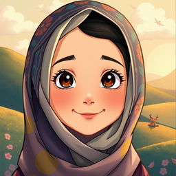 A charming portrait of a girl wearing a detailed and colorful hijab, illustrated in the enchanting Ghibli art style