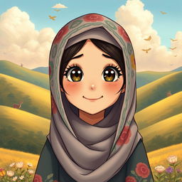 A charming portrait of a girl wearing a detailed and colorful hijab, illustrated in the enchanting Ghibli art style