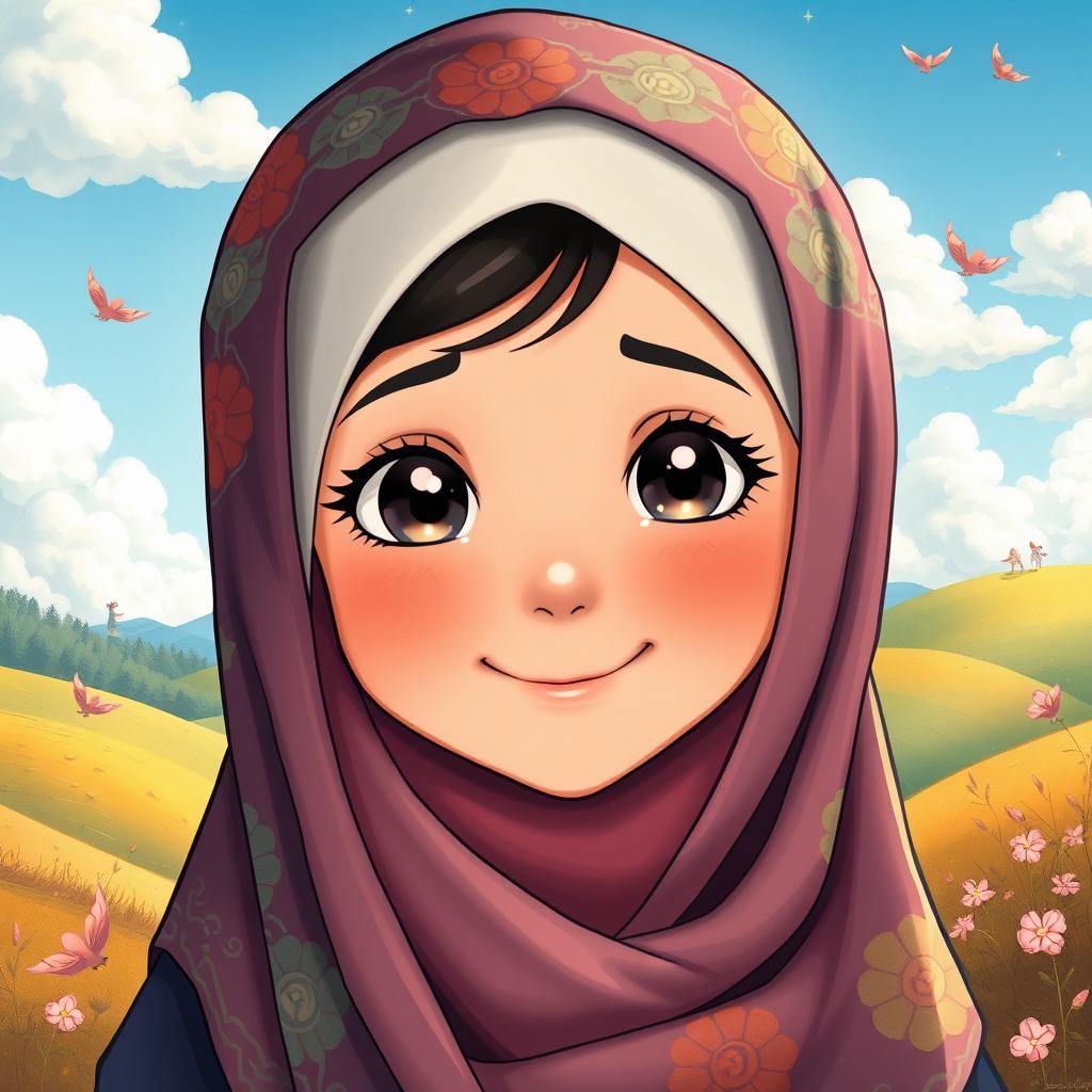 A charming portrait of a girl wearing a detailed and colorful hijab, illustrated in the enchanting Ghibli art style