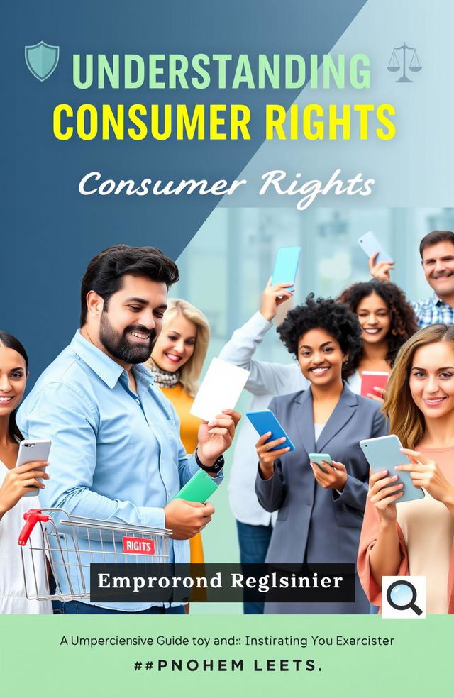 A diverse group of people of different ages, genders, and ethnicities, engaged in holding various consumer products and interacting with digital devices, symbolizing empowerment and consumer rights awareness