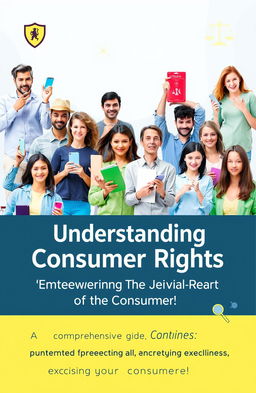 A diverse group of people of different ages, genders, and ethnicities, engaged in holding various consumer products and interacting with digital devices, symbolizing empowerment and consumer rights awareness