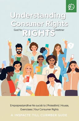 A diverse group of people of different ages, genders, and ethnicities, engaged in holding various consumer products and interacting with digital devices, symbolizing empowerment and consumer rights awareness
