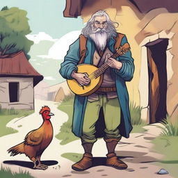 A whimsical, high-quality illustration that vividly portrays a pale, crazy, and funny homeless vagrant as a fantasy Dungeons and Dragons bard in a medieval village