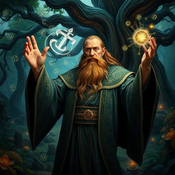A powerful wizard casting a spell in a mystical forest