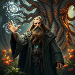 A powerful wizard casting a spell in a mystical forest