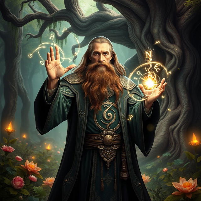 A powerful wizard casting a spell in a mystical forest