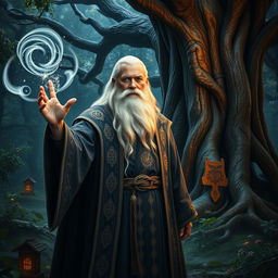 A photorealistic portrayal of a powerful wizard casting a spell in a mystical forest