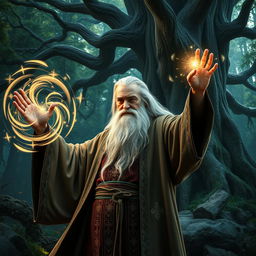 A photorealistic portrayal of a powerful wizard casting a spell in a mystical forest